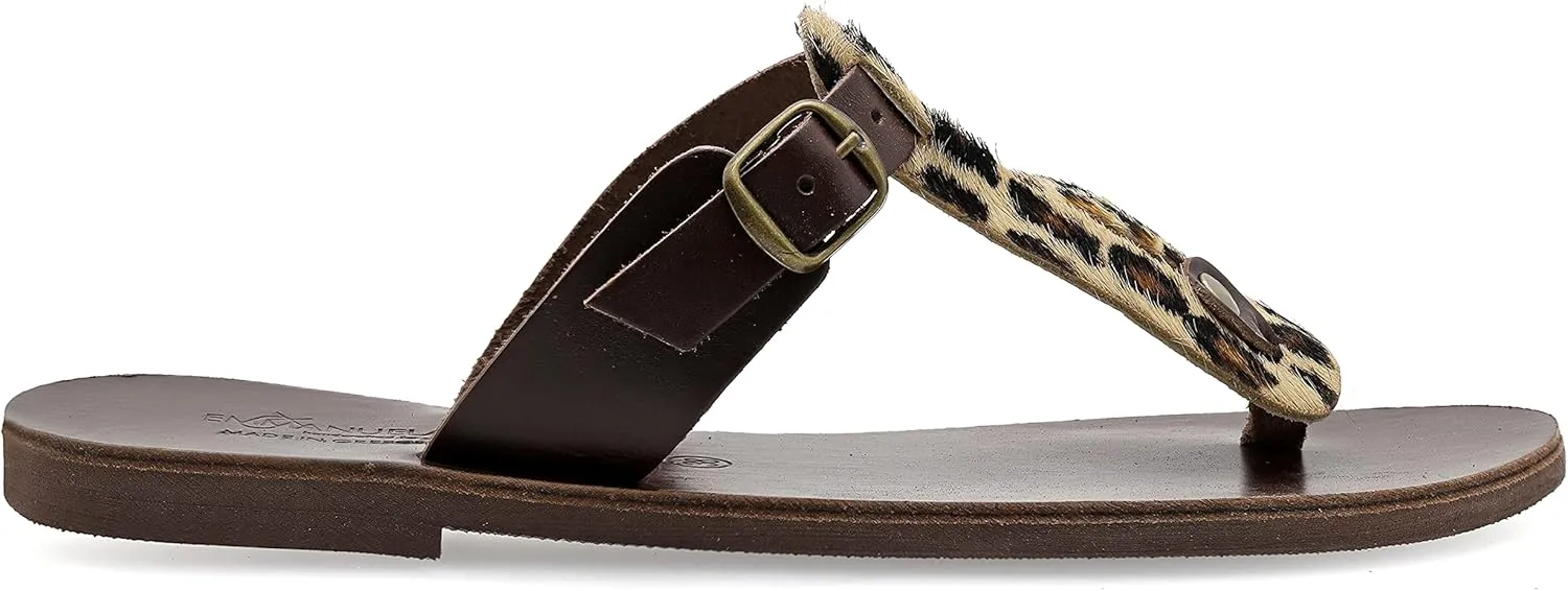 Emmanuela Greek Handmade Leather Split Toe Sandals with adjustable buckle strap, Thong Flat Summer Shoes for Women, Open Toe Sliders, Boho Chic Mules Pony Skin Leopard Animal Print
