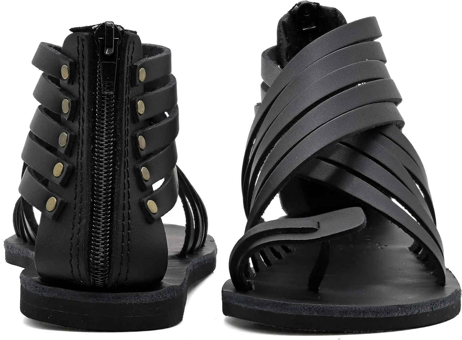 Emmanuela Greek Leather Gladiator Sandals with Zipper Shafts, Quality Handmade Summer Shoes, Toe Ring Flat sandals Boho Chic Sandals