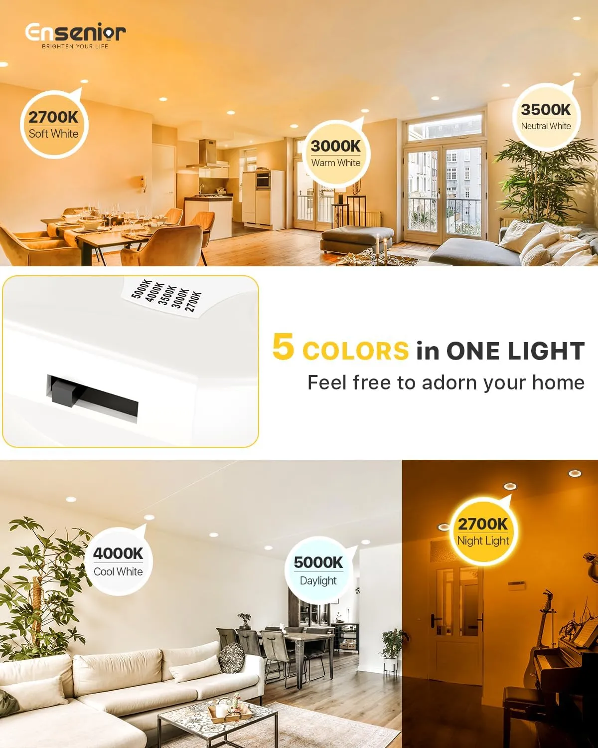 Ensenior 4 Inch LED Recessed Lighting 12 Pack with Night Light, Dimmable Flat LED Can Lights, 5CCT Adjustable Color Temperature (2700K-5000K), 7W=77W 700LM, IC & Damp Rated, FCC (12, 4 Inch)