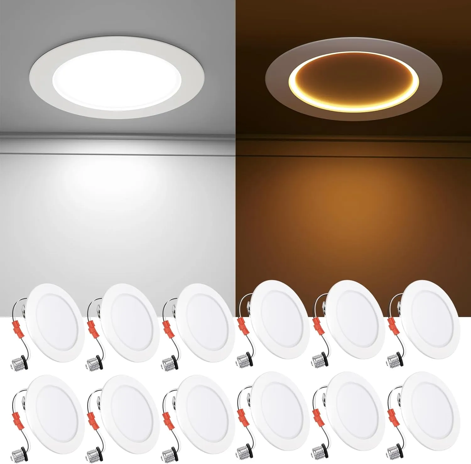 Ensenior 4 Inch LED Recessed Lighting 12 Pack with Night Light, Dimmable Flat LED Can Lights, 5CCT Adjustable Color Temperature (2700K-5000K), 7W=77W 700LM, IC & Damp Rated, FCC (12, 4 Inch)