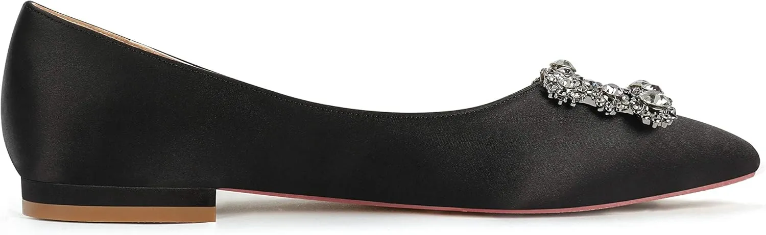 ERIJUNOR Women Comfort Flat Rhinestone Satin Wedding Shoes Pointy Toe Slip On Prom Evening Party Dress Shoes
