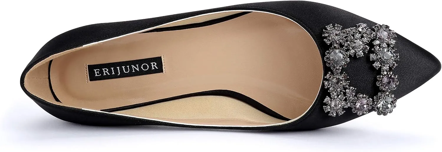 ERIJUNOR Women Comfort Flat Rhinestone Satin Wedding Shoes Pointy Toe Slip On Prom Evening Party Dress Shoes