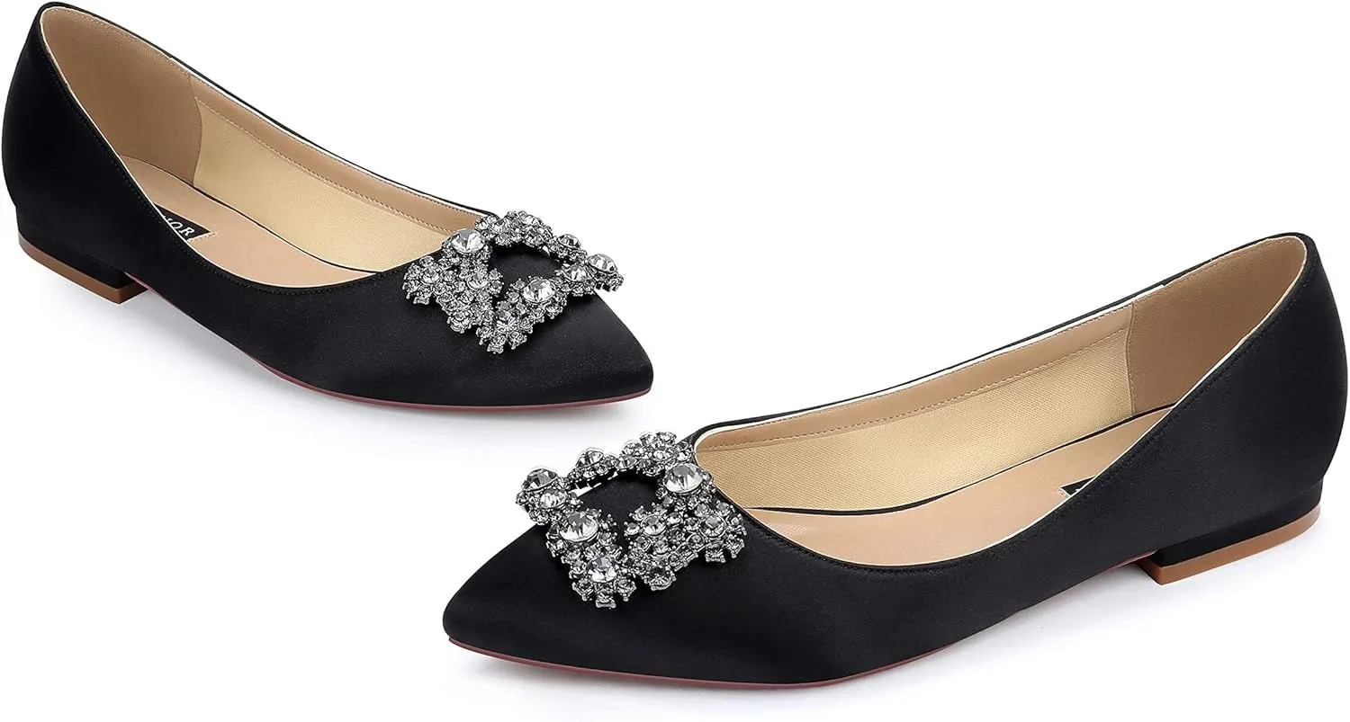 ERIJUNOR Women Comfort Flat Rhinestone Satin Wedding Shoes Pointy Toe Slip On Prom Evening Party Dress Shoes