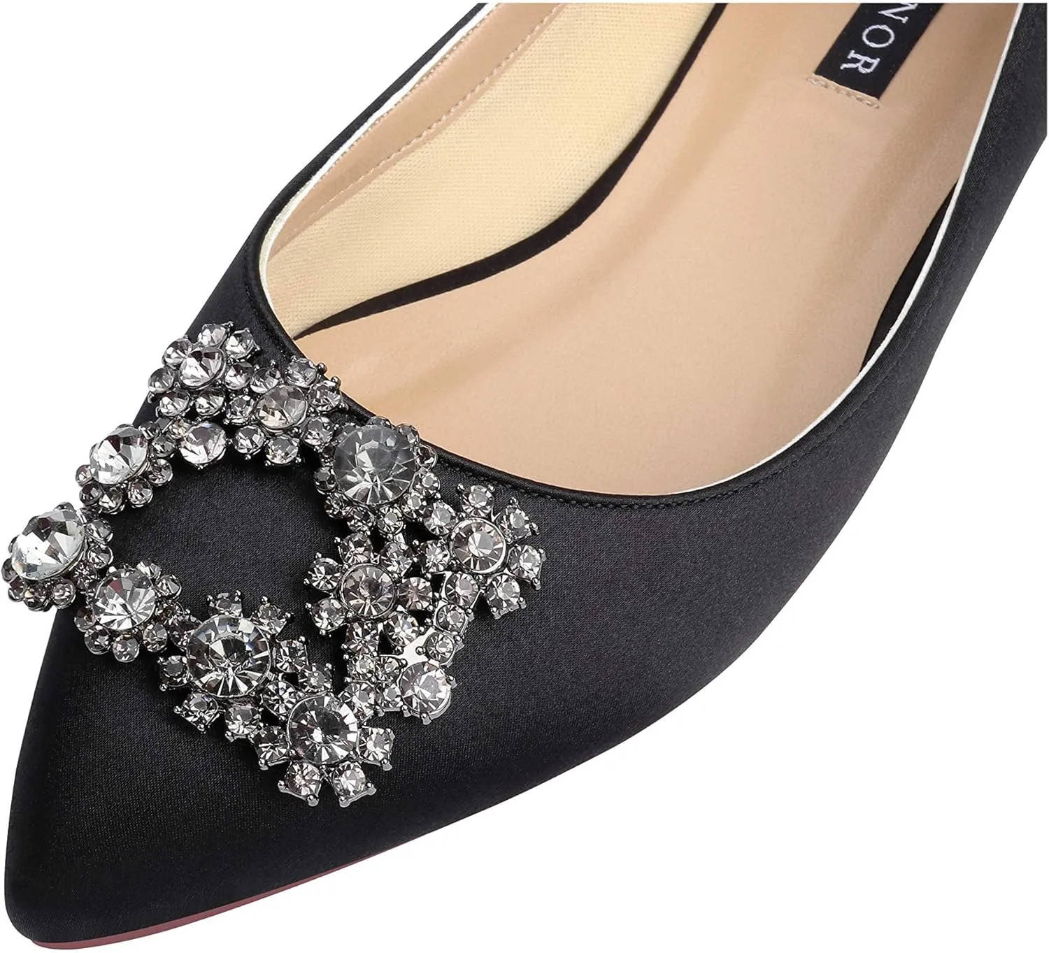 ERIJUNOR Women Comfort Flat Rhinestone Satin Wedding Shoes Pointy Toe Slip On Prom Evening Party Dress Shoes