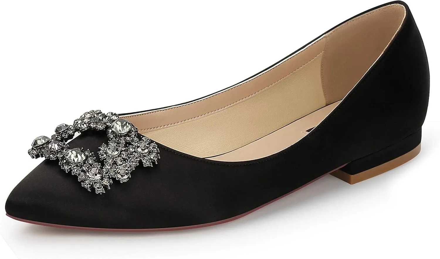 ERIJUNOR Women Comfort Flat Rhinestone Satin Wedding Shoes Pointy Toe Slip On Prom Evening Party Dress Shoes