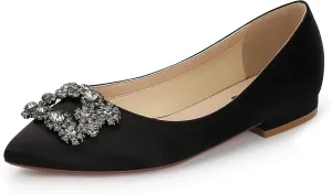 ERIJUNOR Women Comfort Flat Rhinestone Satin Wedding Shoes Pointy Toe Slip On Prom Evening Party Dress Shoes