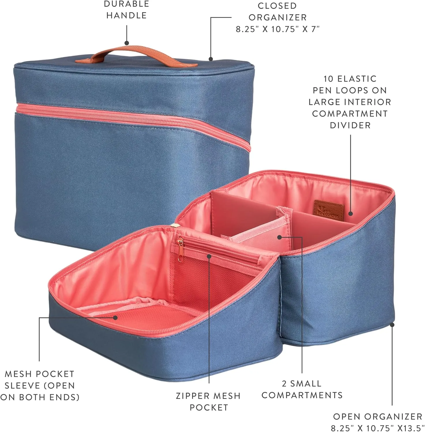 Erin Condren Medium Organizer Case, Stylish Sapphire Multi-Purpose Travel Case, Removable Dividers and Sturdy Vegan Leather Handle, Carry Toiletries, Makeup, Jewelry and More