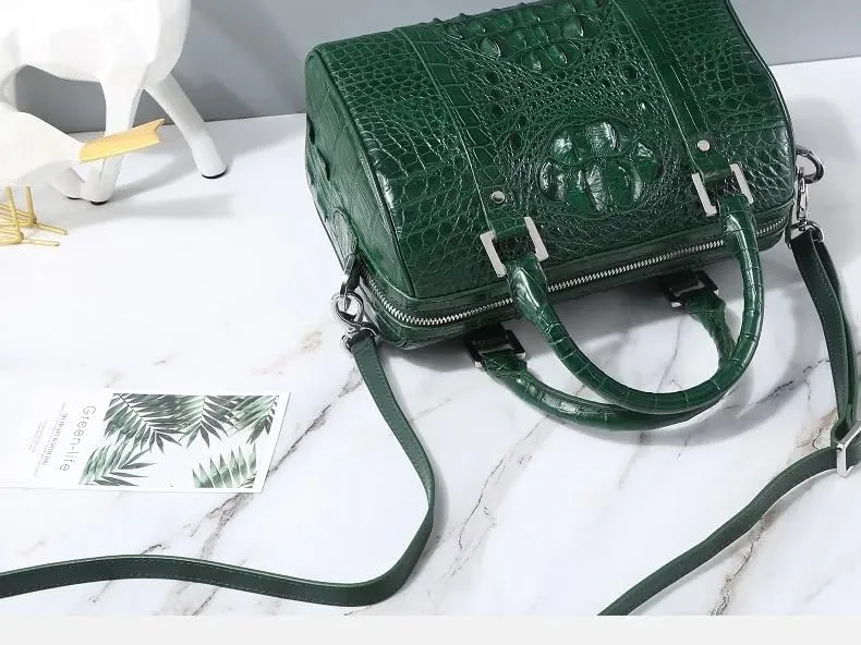 Fashion Lady Purse Genuine Crocodile Leather Women's Small Boston Bag Exotic Alligator Skin Zipper Closure Female Handbag