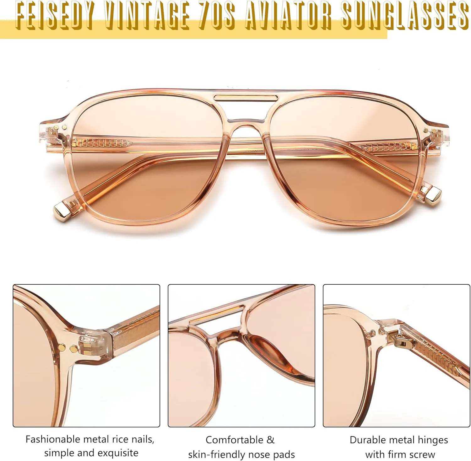 FEISEDY Vintage Square 70s Aviator Sunglasses Women Men Classic Trendy Acetate Frame UV400 Sun Glasses B0117