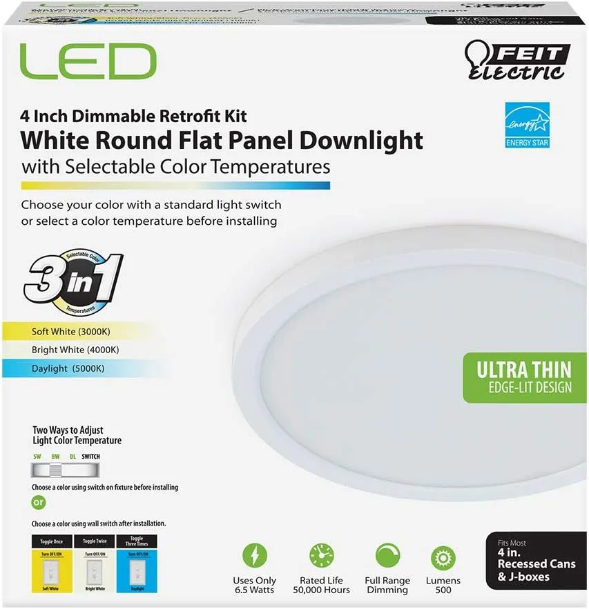 Feit Electric 74202/CA Round, Edge-Lit, Color Selectable 3 in 1 (Soft Bright White/Daylight) for Home, Office, Commercial LED Recessed Ceiling Flat Panel Light, 4 inch Diameter, 3000K/4000K/5000K