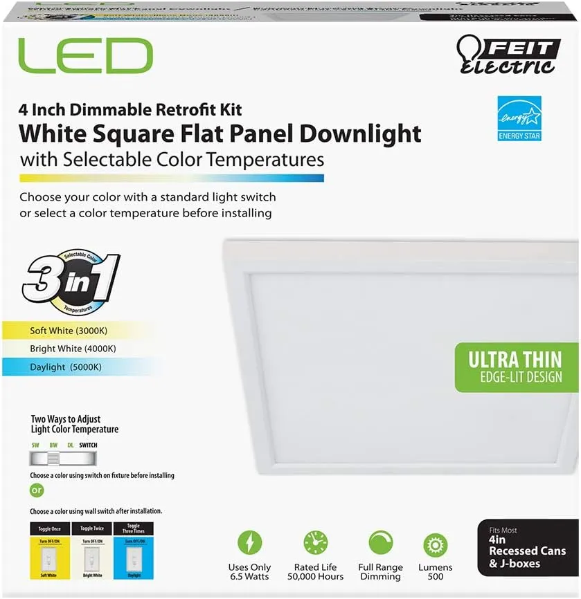 Feit Electric 74204/CA Dimmable Integrated LED Square Flat Panel, Edge-Lit, Color Selectable 3 in 1 Recessed Ceiling Flush Mount Light, 4" x 4" Fixture, Soft, Bright White, Daylight