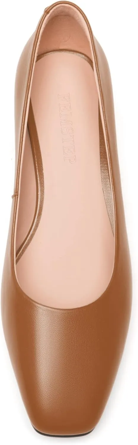 FEMSTEP Womens Wedding Slip On Square Toe Matte Leather Dress Chunky Low Heel Pumps Shoes 1.5 Inch