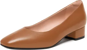 FEMSTEP Womens Wedding Slip On Square Toe Matte Leather Dress Chunky Low Heel Pumps Shoes 1.5 Inch