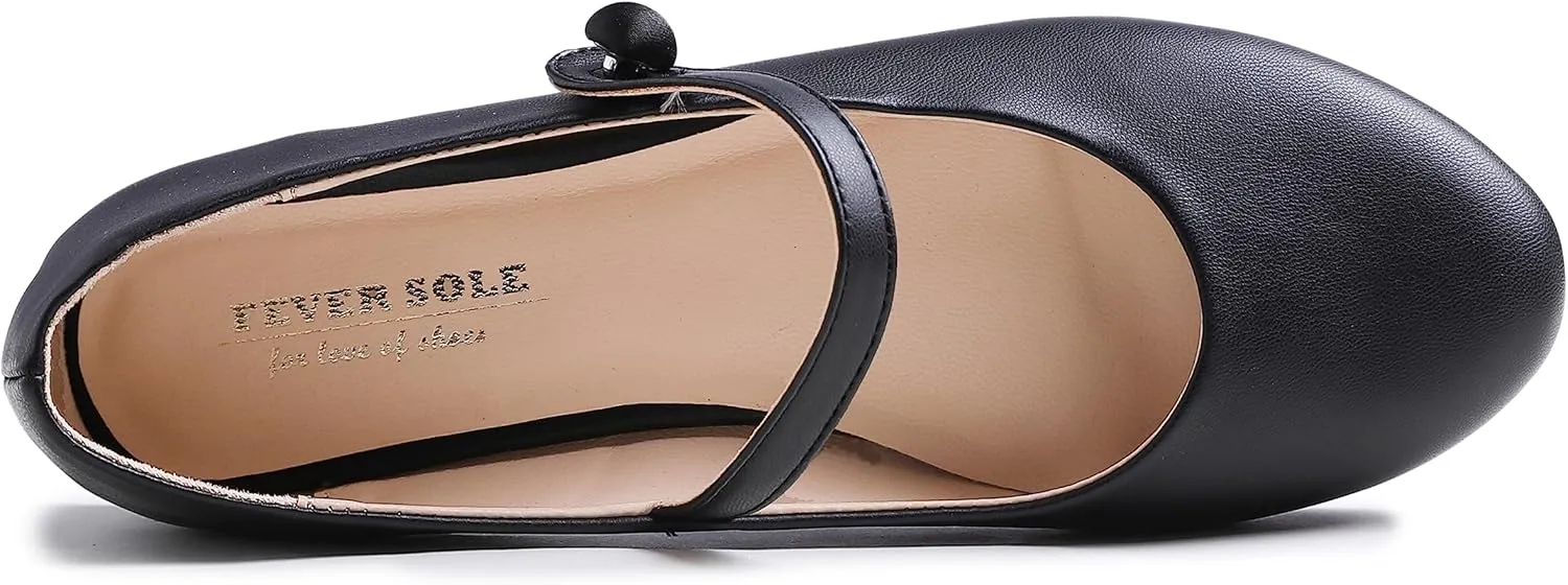 FEVERSOLE Women's Mary Jane Fashion Round Toe Low Heel Slip On Flats