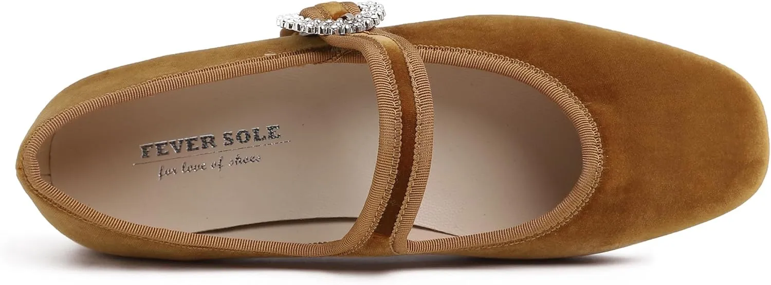 FEVERSOLE Women's Mary Jane Fashion Square Toe Easy Buckle Low Heel Slip On Flats