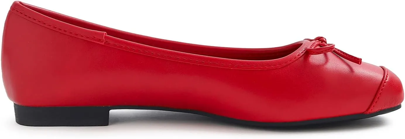FEVERSOLE Women's Square Toe Fashion Bow Tie Dress Slip On Ballet Flats