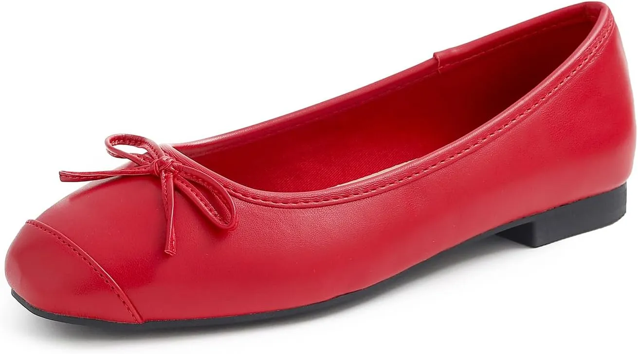 FEVERSOLE Women's Square Toe Fashion Bow Tie Dress Slip On Ballet Flats