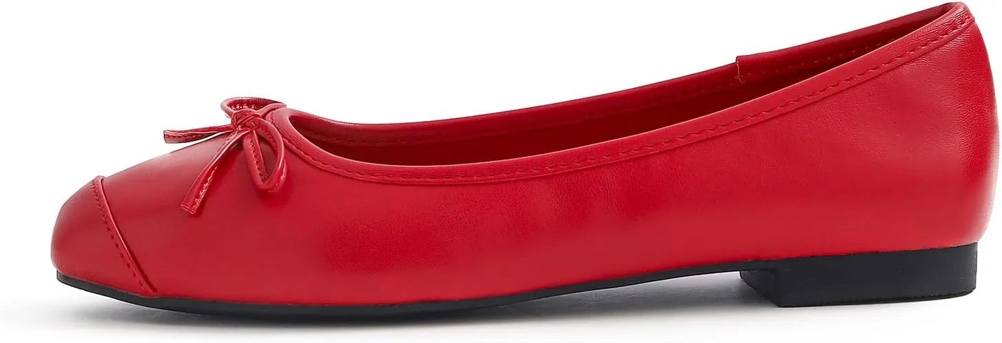 FEVERSOLE Women's Square Toe Fashion Bow Tie Dress Slip On Ballet Flats