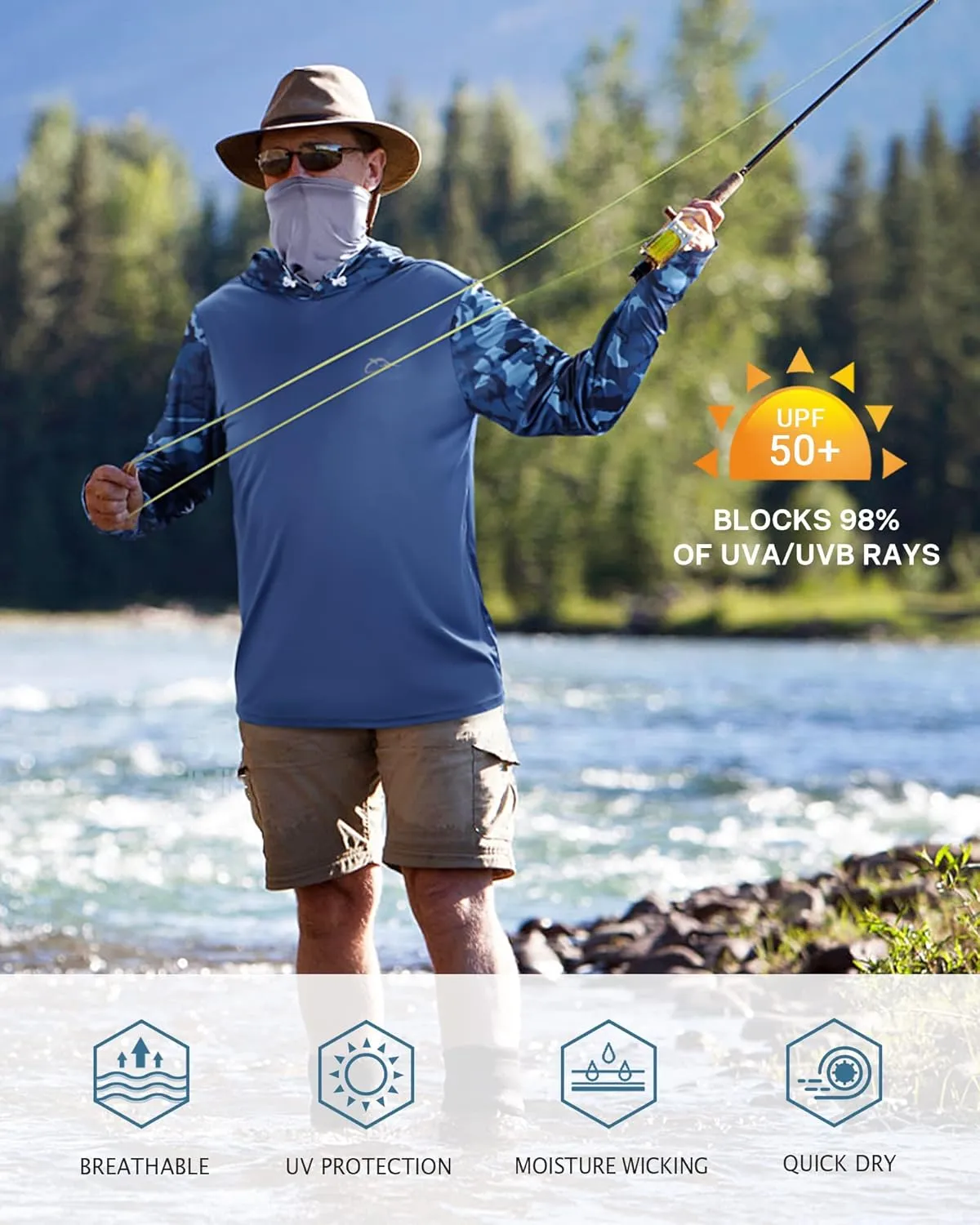 FISHEAL Men's Performance Fishing Hoodie Shirt - UPF 50  UV Sun Protection Long Sleeve Shirts with Mesh Face Mask