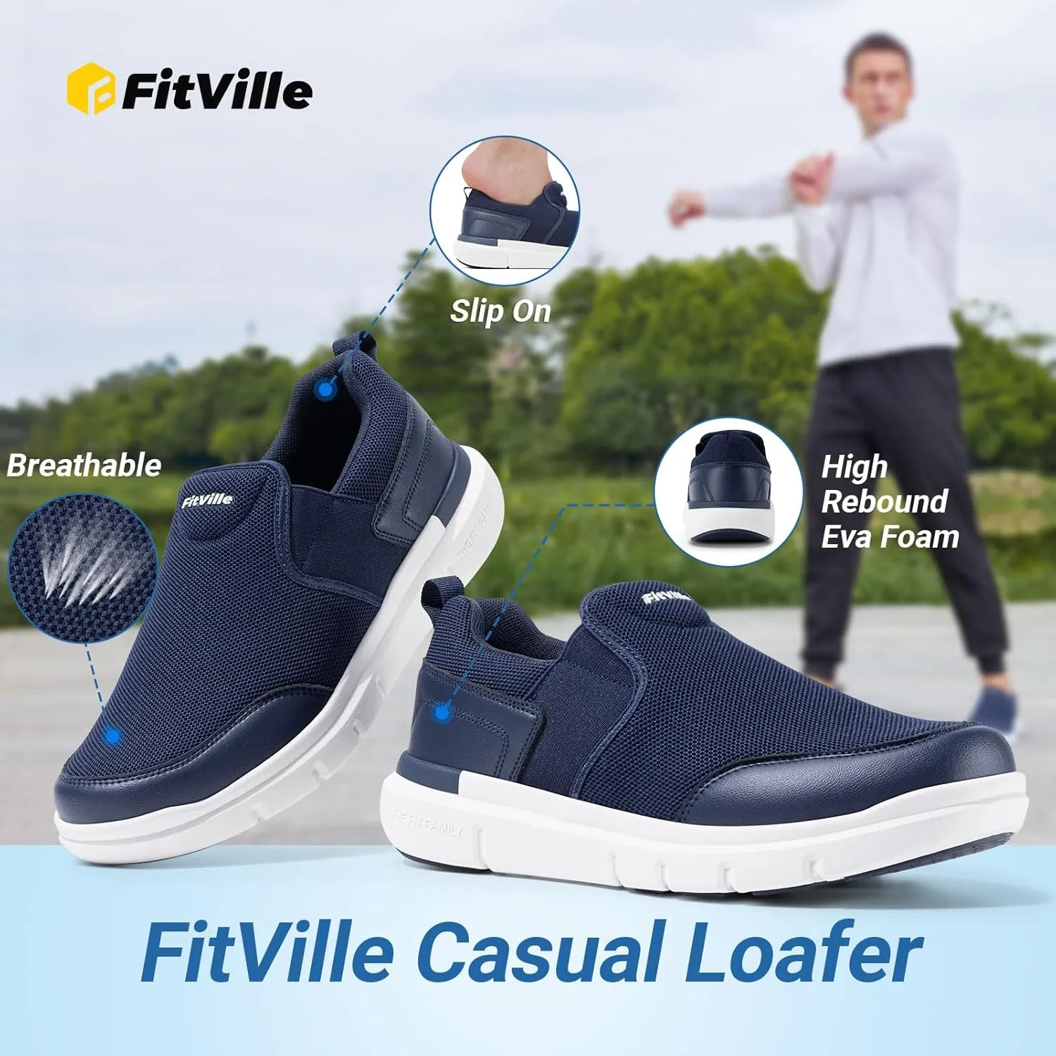 FitVille Men's Extra Wide Slip on Walking Shoes, Lightweight Non-Slip Breathable Casual Loafers for Standing All Day