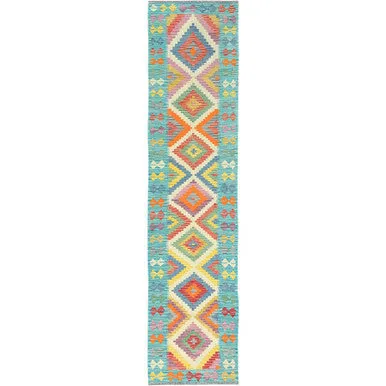 Flat Weave Wool Hand Woven Rug Multicolored Light Blue 2.7X12.9 -O082182
