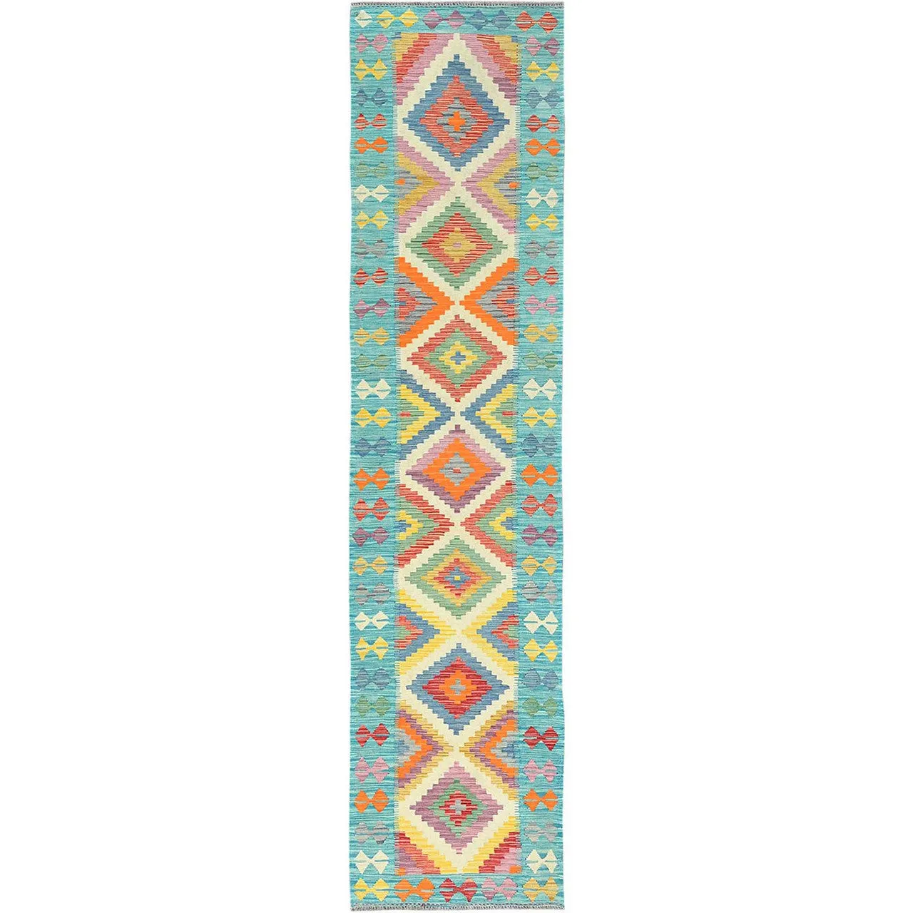 Flat Weave Wool Hand Woven Rug Multicolored Light Blue 2.7X12.9 -O082182