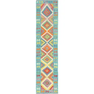 Flat Weave Wool Hand Woven Rug Multicolored Light Blue 2.7X12.9 -O082182