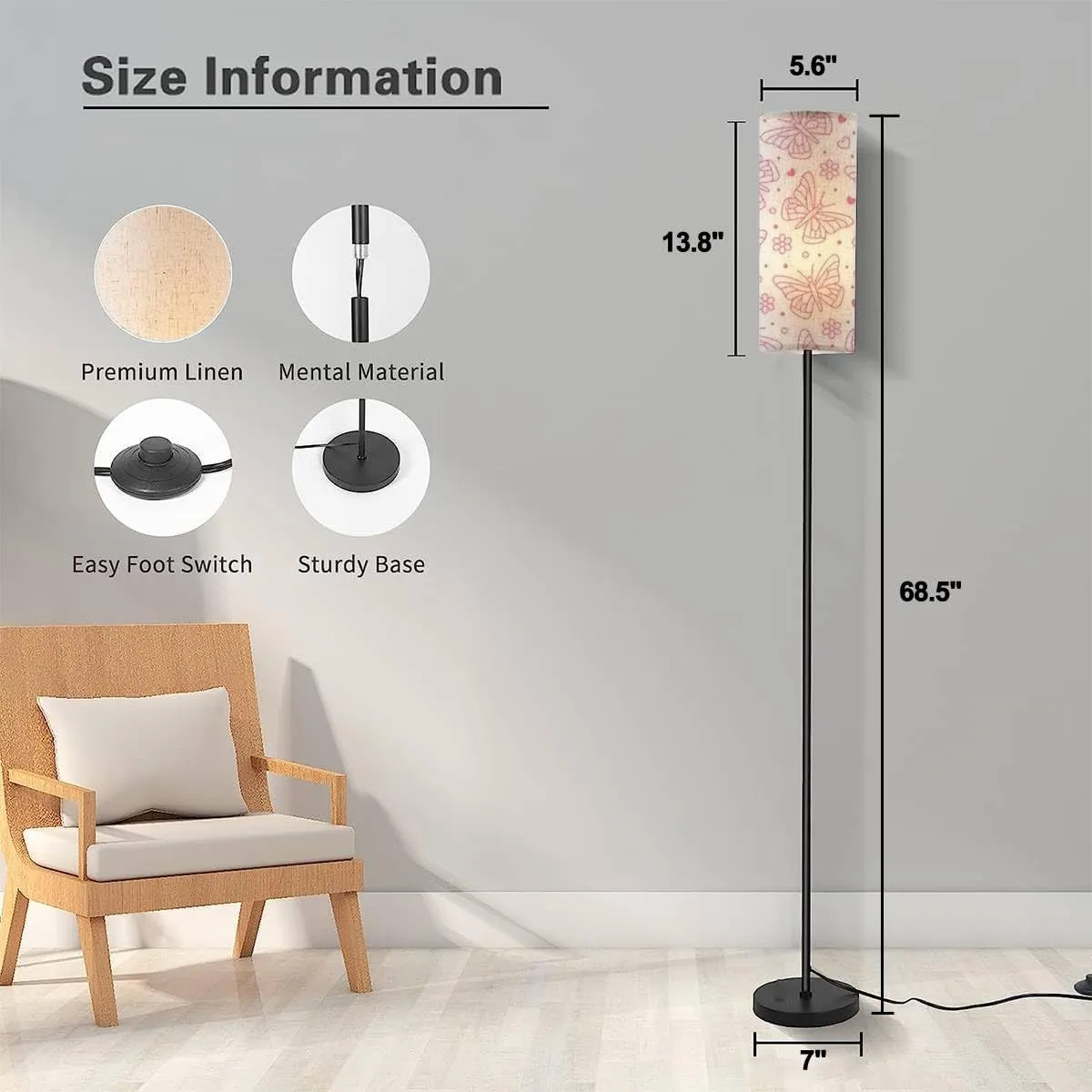 Floor Lamp for Living Room Butterfly seamless insects flowers hearts cute butterflies flat line Modern Standing Lamp Remote Control Dimmable Pole Lamp Corner Tall Lamp for Office Bedroom Reading