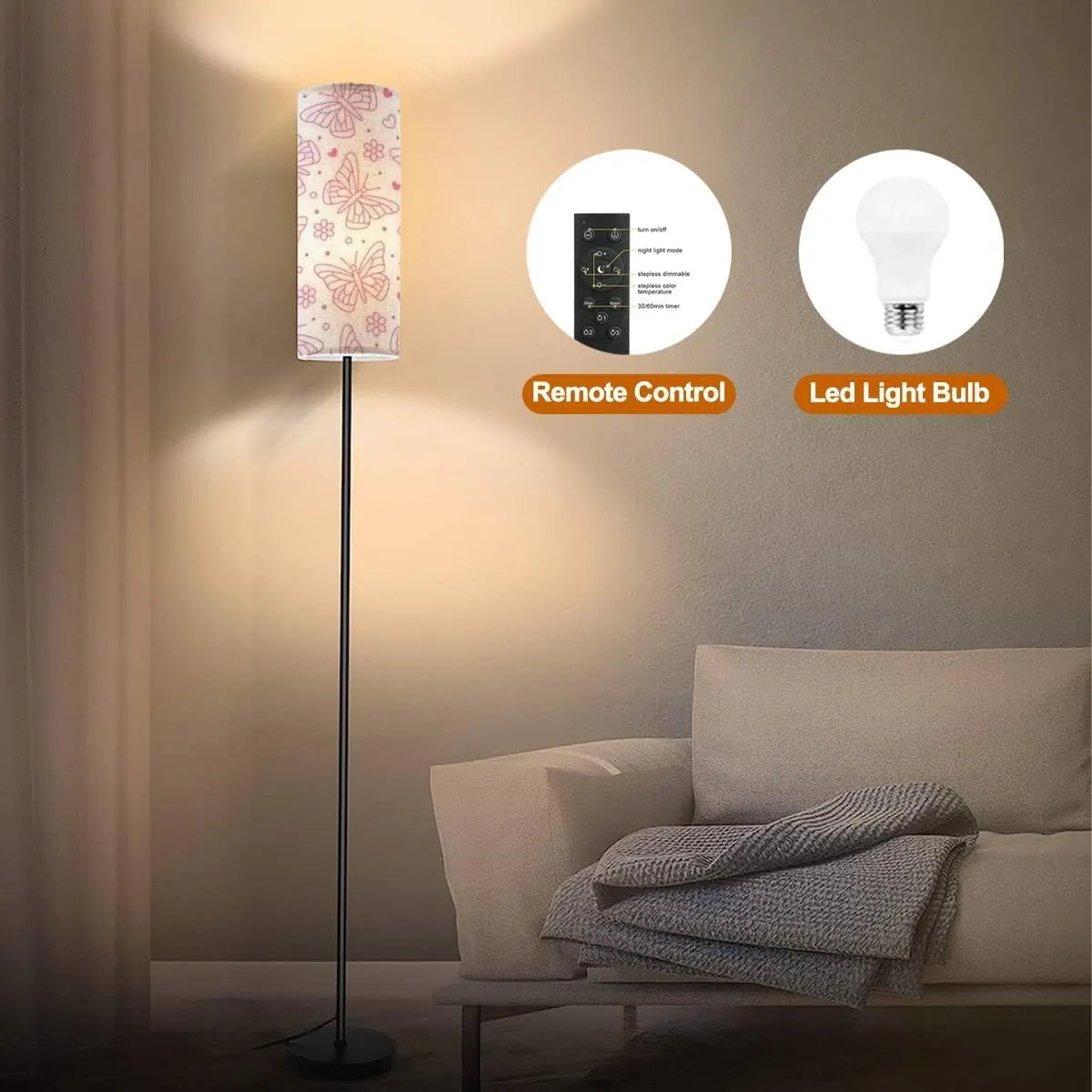 Floor Lamp for Living Room Butterfly seamless insects flowers hearts cute butterflies flat line Modern Standing Lamp Remote Control Dimmable Pole Lamp Corner Tall Lamp for Office Bedroom Reading