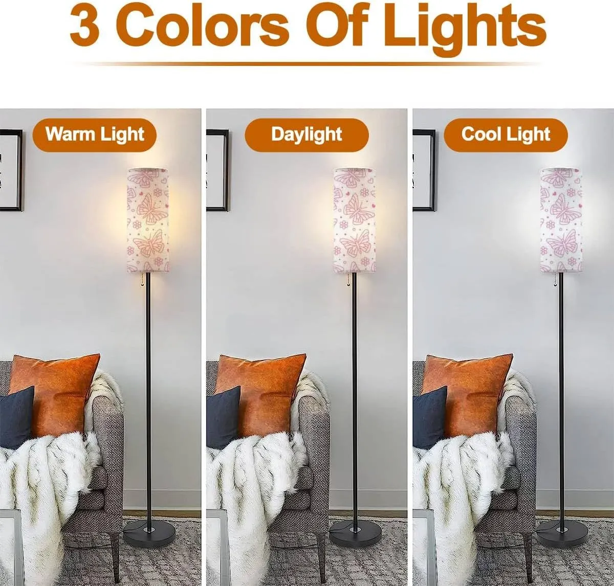 Floor Lamp for Living Room Butterfly seamless insects flowers hearts cute butterflies flat line Modern Standing Lamp Remote Control Dimmable Pole Lamp Corner Tall Lamp for Office Bedroom Reading
