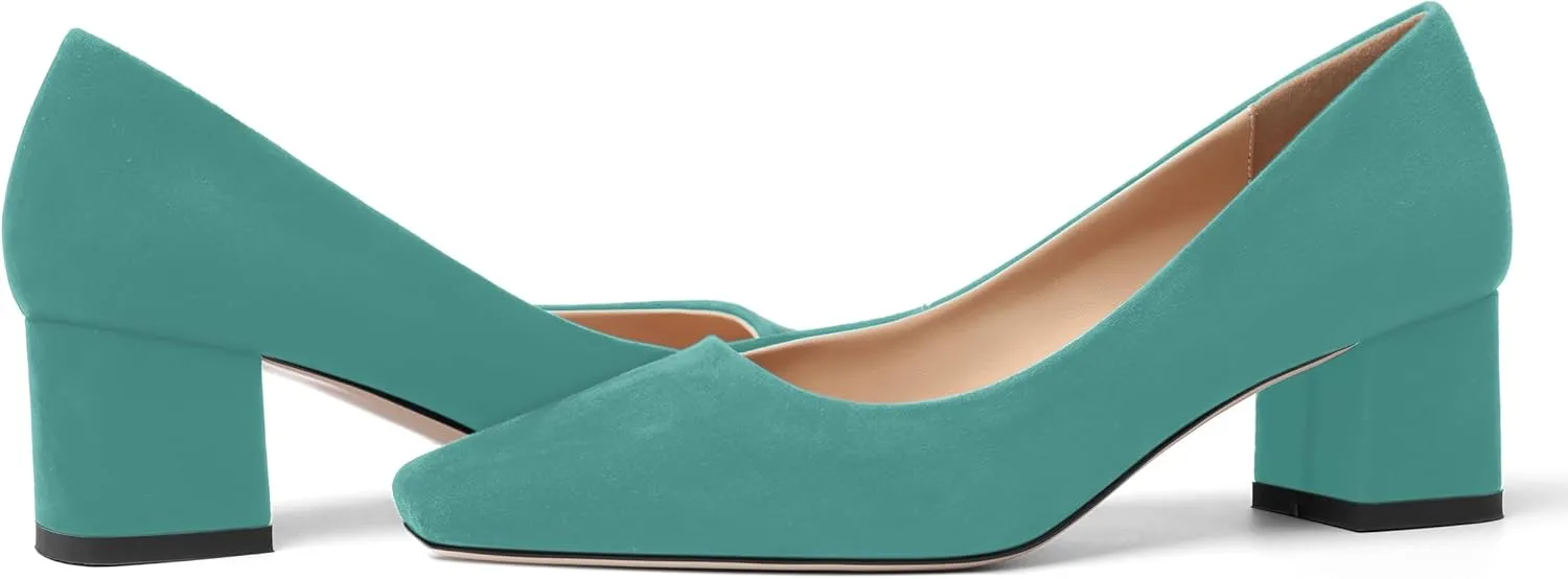 FOGEENA Womens Dress Comfortable Suede Leather Square Toe Slip On Wedding Chunky Low Heel Pumps Dress Shoes 2.2 Inch