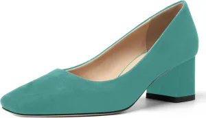 FOGEENA Womens Dress Comfortable Suede Leather Square Toe Slip On Wedding Chunky Low Heel Pumps Dress Shoes 2.2 Inch
