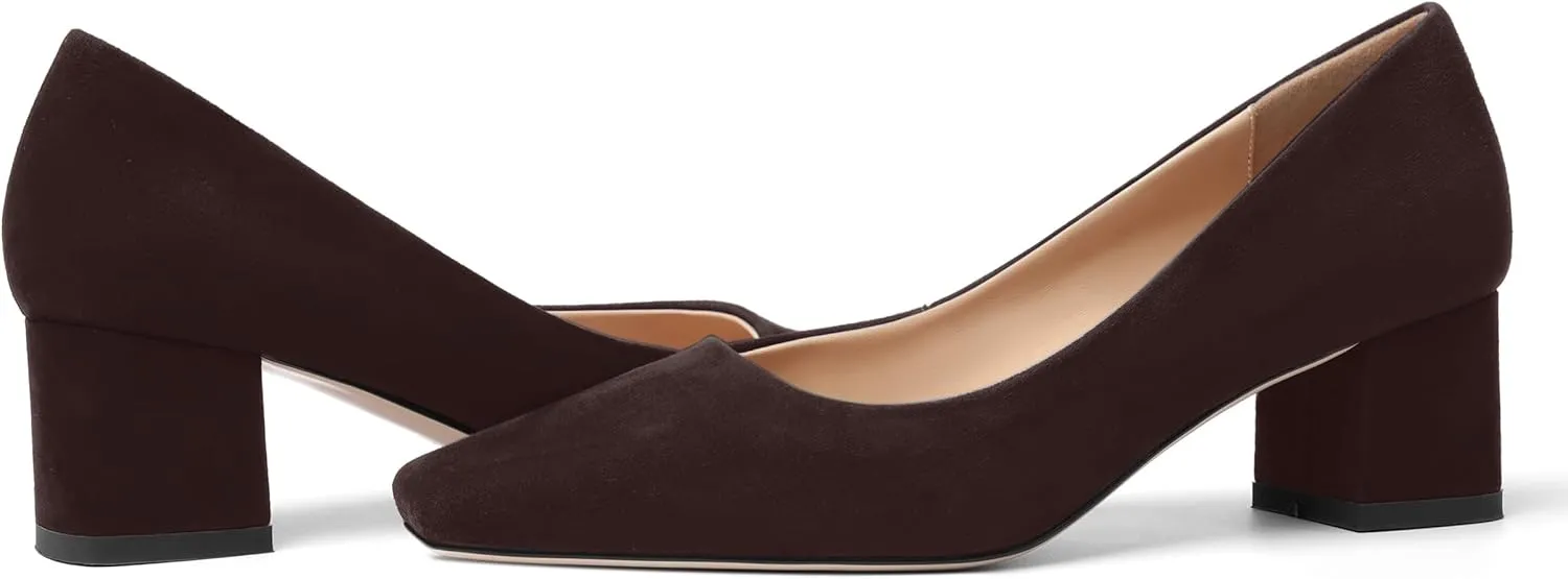FOGEENA Womens Dress Comfortable Suede Leather Square Toe Slip On Wedding Chunky Low Heel Pumps Dress Shoes 2.2 Inch