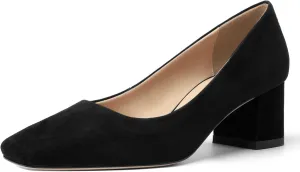 FOGEENA Womens Dress Comfortable Suede Leather Square Toe Slip On Wedding Chunky Low Heel Pumps Dress Shoes 2.2 Inch