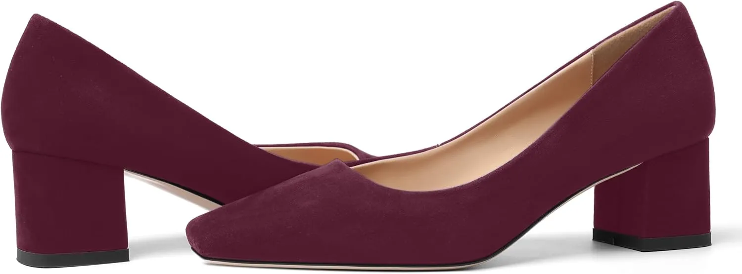 FOGEENA Womens Dress Comfortable Suede Leather Square Toe Slip On Wedding Chunky Low Heel Pumps Dress Shoes 2.2 Inch