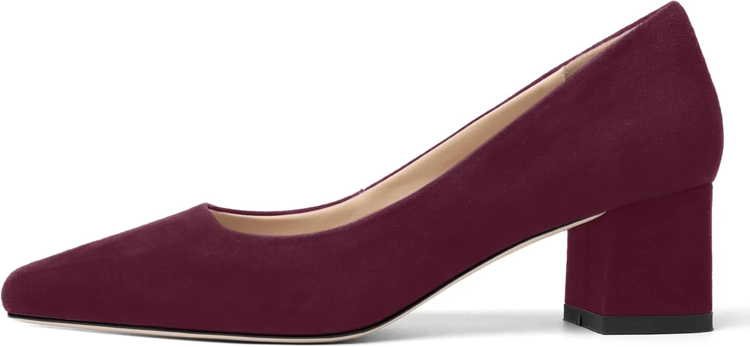 FOGEENA Womens Dress Comfortable Suede Leather Square Toe Slip On Wedding Chunky Low Heel Pumps Dress Shoes 2.2 Inch