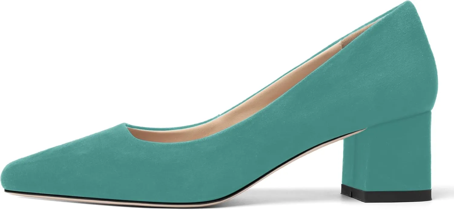 FOGEENA Womens Dress Comfortable Suede Leather Square Toe Slip On Wedding Chunky Low Heel Pumps Dress Shoes 2.2 Inch