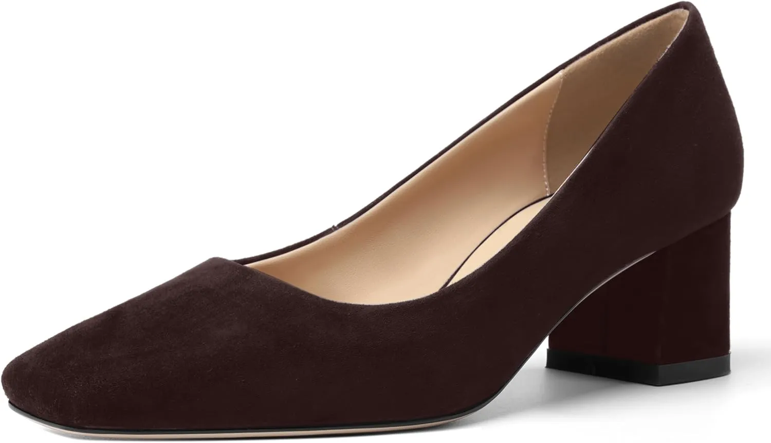 FOGEENA Womens Dress Comfortable Suede Leather Square Toe Slip On Wedding Chunky Low Heel Pumps Dress Shoes 2.2 Inch