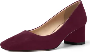 FOGEENA Womens Dress Comfortable Suede Leather Square Toe Slip On Wedding Chunky Low Heel Pumps Dress Shoes 2.2 Inch