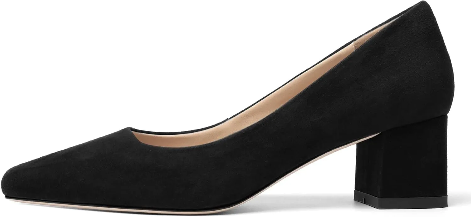 FOGEENA Womens Dress Comfortable Suede Leather Square Toe Slip On Wedding Chunky Low Heel Pumps Dress Shoes 2.2 Inch