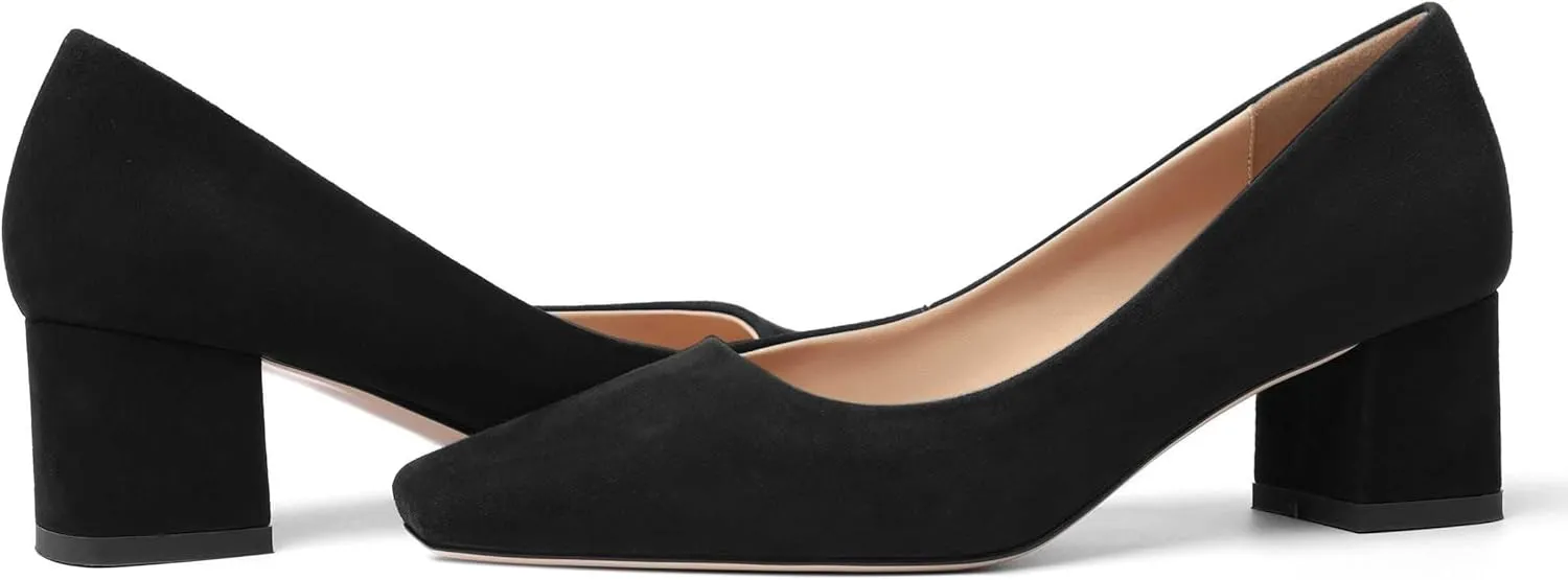 FOGEENA Womens Dress Comfortable Suede Leather Square Toe Slip On Wedding Chunky Low Heel Pumps Dress Shoes 2.2 Inch