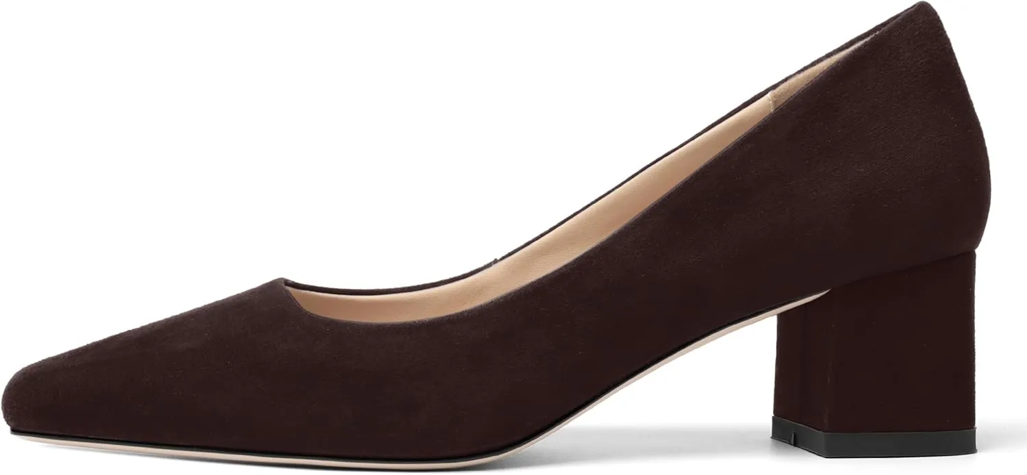 FOGEENA Womens Dress Comfortable Suede Leather Square Toe Slip On Wedding Chunky Low Heel Pumps Dress Shoes 2.2 Inch