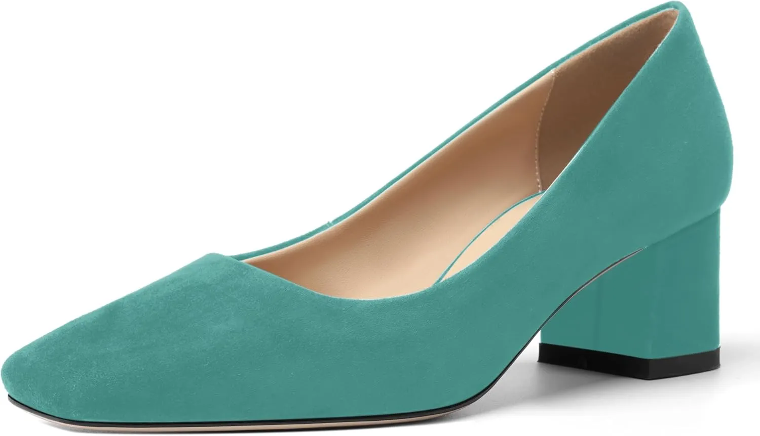 FOGEENA Womens Dress Comfortable Suede Leather Square Toe Slip On Wedding Chunky Low Heel Pumps Dress Shoes 2.2 Inch