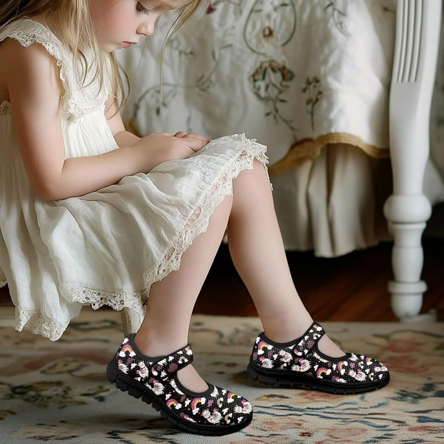 Forchrinse Girl's Classic Mary Jane Flats Cat Daisy Print School Uniform Shoes Cute Dress Shoes Lightweight Girl Walking Shoes for School 11-2.5