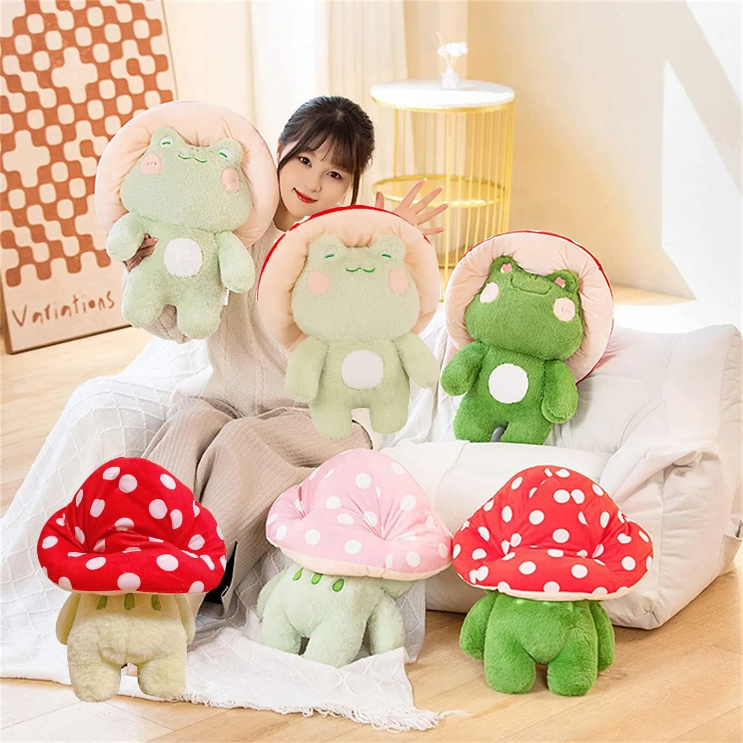 Frog Plush Cute Frog Mushroom Hat Stuffed Animals Kawaii Plush Toys Throw Pillow Home Room Decor Aesthetic Gift(Light Green Frog Red Hat)