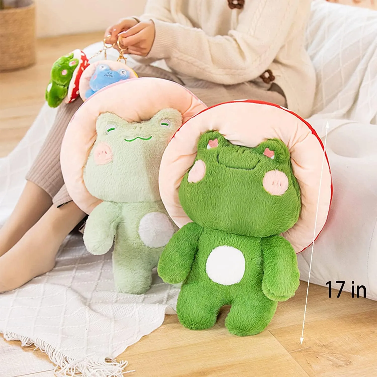 Frog Plush Cute Frog Mushroom Hat Stuffed Animals Kawaii Plush Toys Throw Pillow Home Room Decor Aesthetic Gift(Light Green Frog Red Hat)