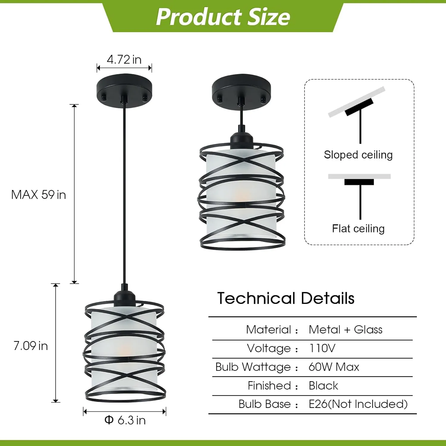 Frosted Glass Pendant Light Fixtures 6.3Inch Spiral Metal Cage Mini Pendant Lighting Handblown Island Hanging Light Adjustable Cord Ceiling Lamp for Kitchen Dining Room Foyer Hallway, E26