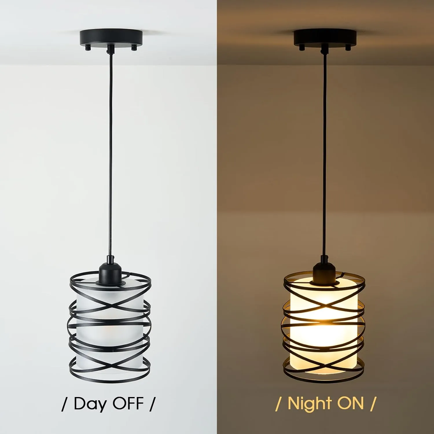 Frosted Glass Pendant Light Fixtures 6.3Inch Spiral Metal Cage Mini Pendant Lighting Handblown Island Hanging Light Adjustable Cord Ceiling Lamp for Kitchen Dining Room Foyer Hallway, E26