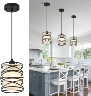Frosted Glass Pendant Light Fixtures 6.3Inch Spiral Metal Cage Mini Pendant Lighting Handblown Island Hanging Light Adjustable Cord Ceiling Lamp for Kitchen Dining Room Foyer Hallway, E26