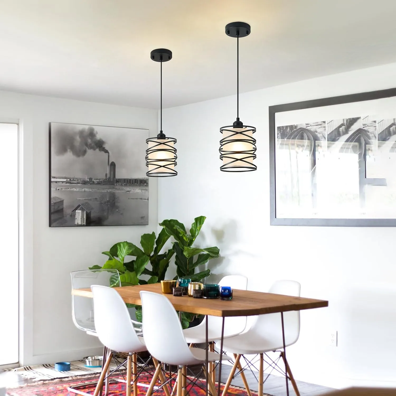 Frosted Glass Pendant Light Fixtures 6.3Inch Spiral Metal Cage Mini Pendant Lighting Handblown Island Hanging Light Adjustable Cord Ceiling Lamp for Kitchen Dining Room Foyer Hallway, E26